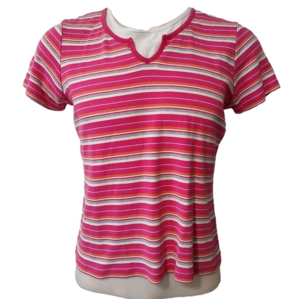 Faded Glory T-Shirt‎ Women's Size XL Pink, White Stripes Round Neck Layered Look